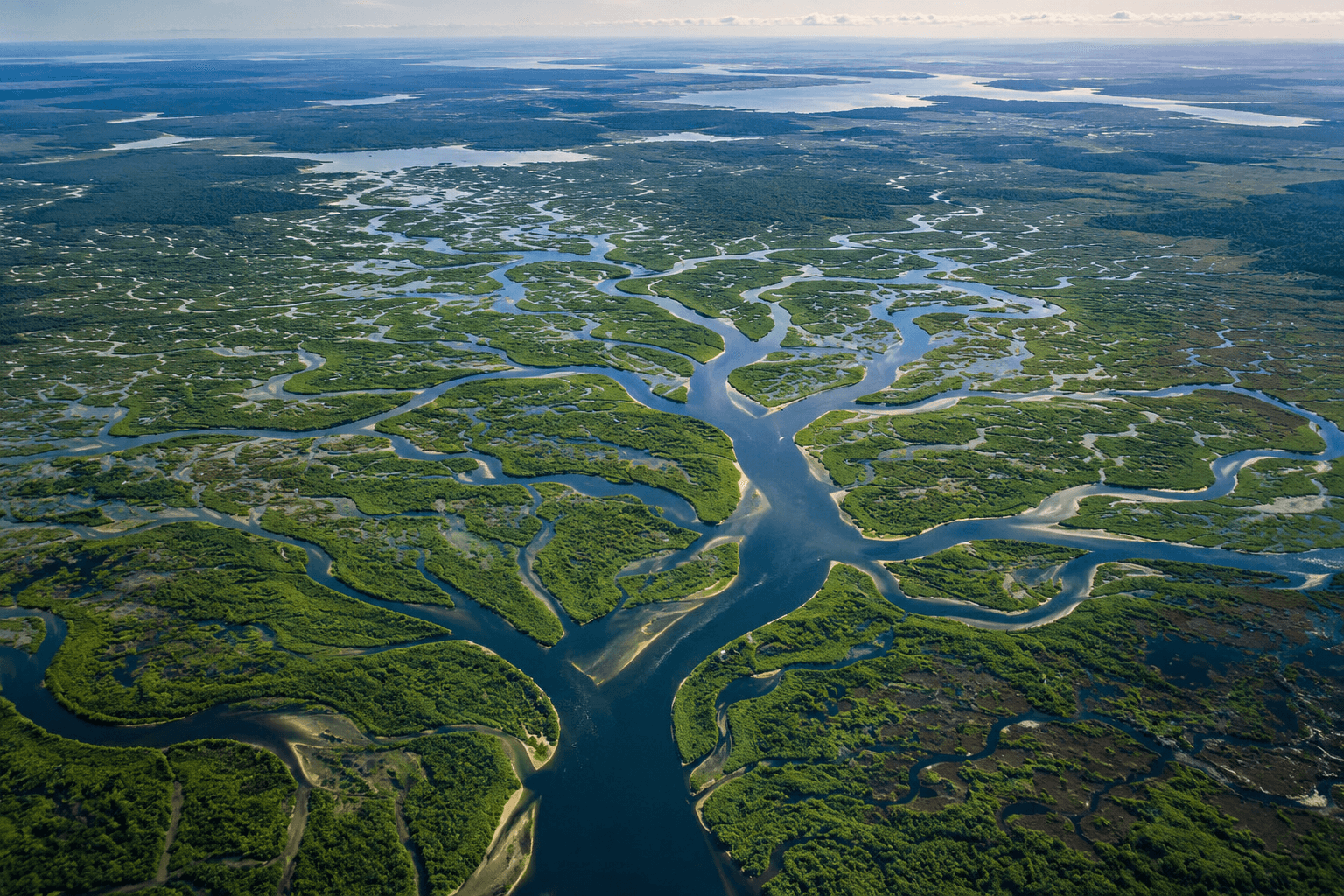 Aerial view of branching river channels through green wetlands